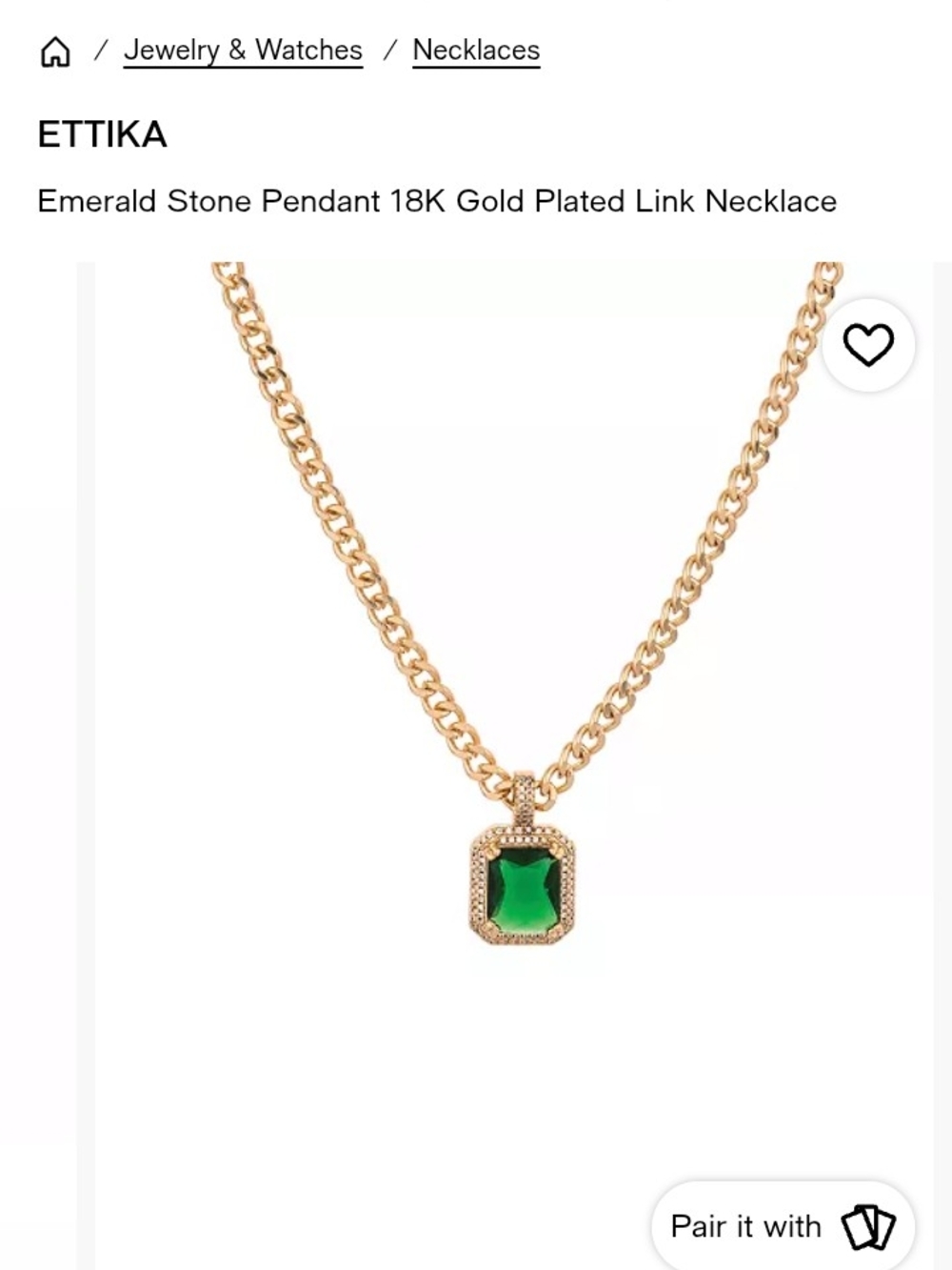 ettika Gold Link Necklace with Emerald Green Pendant
